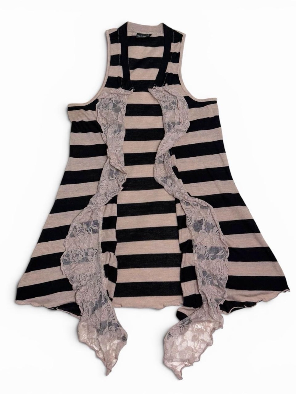 Daytrip Black & Tan Striped Sleeveless Cardigan / Vest with Lace Trim